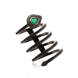 ANEL CRAVEJADO DE ZIRCONIAS NEGRAS - SERPENTE CRISTAL ESMERALDA - BANHO RODIO NEGRO