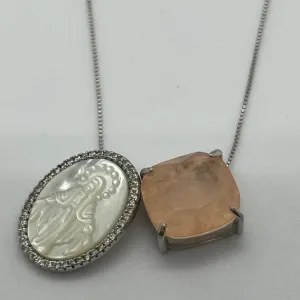 COLAR ESCAPULARIO NOSSA SENHORA DAS GRAÇAS - MADREPEROLA - TOPAZIO SALMÃO - BANHO DE RÓDIO BRANCO