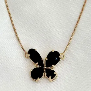 COLAR BORBOLETA - CRISTAL ONIX - BANHO OURO 18K