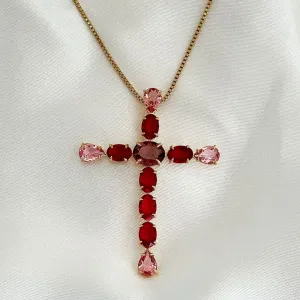 COLAR CRUZ - PEDRA VERMELHA - BANHO OURO 18K