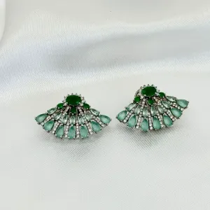 BRINCO LEQUE - ESMERALDA TURQUESA - ZIRCONIAS BRANCA - BANHO RODIO BRANCO