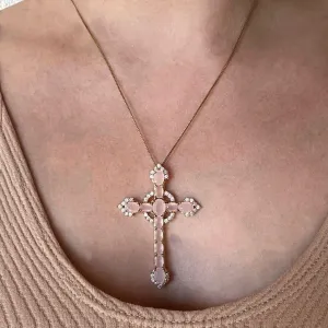 COLAR CRUZ - QUARTZO ROSA - BANHO OURO 18K