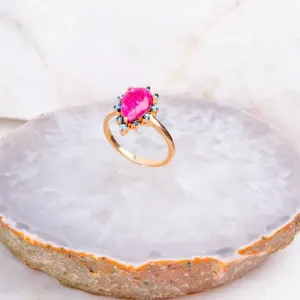 ANEL GOTA PEDRA RUBI E NANO TURQUESA - BANHO DE OURO 18K