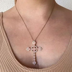 COLAR CRUZ - QUARTZO ROSA - BANHO OURO 18K