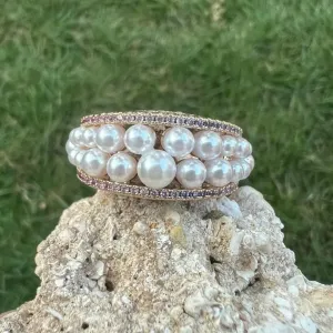 ANEL MICROZIRCONIAS ROSE E PEROLAS - BANHO OURO 18K