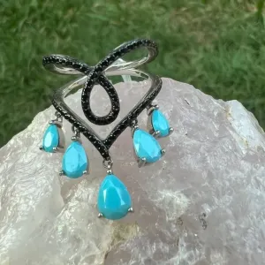 ANEL GOTAS TURQUESAS - MICROZIRCONIAS NEGRAS - BANHO RODIO BRANCO