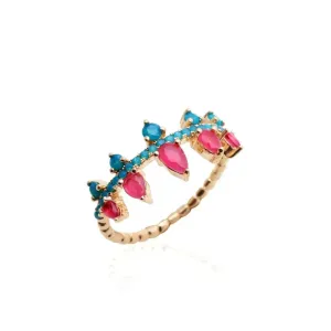 ANEL CRISTAL RUBI E NANO TURQUESA - BANHO OURO 18K