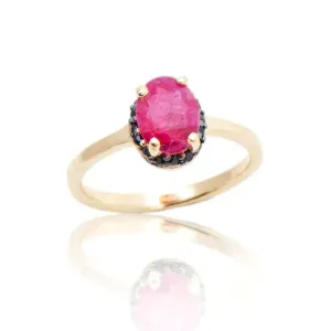 ANEL PEDRA RUBI - CRAVEJADO DE ZIRCONIAS NEGRAS - BANHO OURO 18K