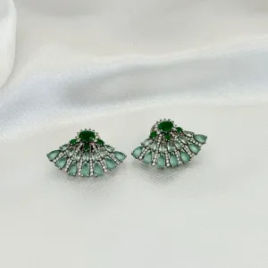 BRINCO LEQUE - ESMERALDA TURQUESA - ZIRCONIAS BRANCA - BANHO RODIO BRANCO