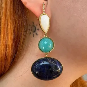 BRINCO PEDRAS NATURAIS AZUL E BRANCA - BANHO OURO 18K
