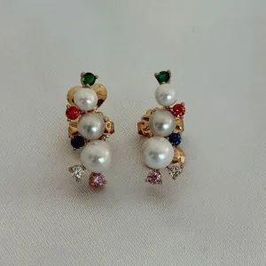 BRINCO PEROLA 3 TAMANHOS - CRISTAIS COLORIDOS - BANHO DE OURO 18K