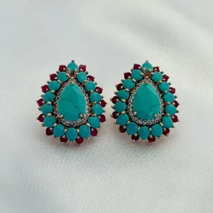 BRINCO GOTA NANO TURQUESA RUBY -  CRAVEJADO ZIRCONIAS - BANHO DE OURO 18K