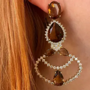 BRINCO QUARTZO SMOKEY E ZIRCONIAS BRANCAS - BANHO OURO 18K