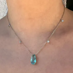 COLAR LONGO AJUSTAVEL - GOTA CRISTAL AZUL - PONTOS DE LUZ  - BANHO RODIO BRANCO