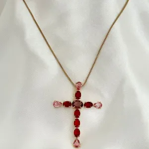 COLAR CRUZ - PEDRA VERMELHA - BANHO OURO 18K
