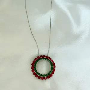 COLAR MANDALA - CRISTAL ESMERALDA E RUBI - BANHO RODIO BRANCO