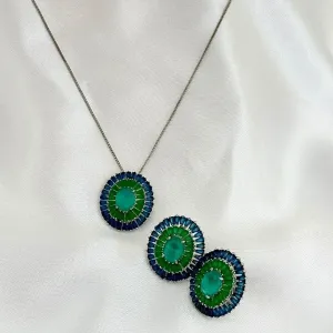 CONJUNTO MANDALA PEDRA AZUL E ESMERALDA - PRATA 925