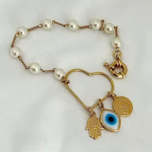 PULSEIRA PÉROLAS, CORAÇÃO, OLHO GREGO, MEDALHA SÃO BENTO - BANHO OURO 18K