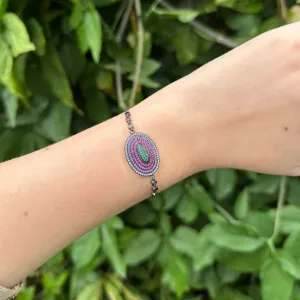 PULSEIRA CRAVEJADA ZIRCONIAS COLORIDAS - OVAL - BANHO RÓDIO NEGRO