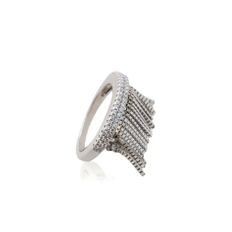 ANEL CRAVEJADO DE ZIRCONIAS BRANCAS - FRANJAS - BANHO RÓDIO BRANCO