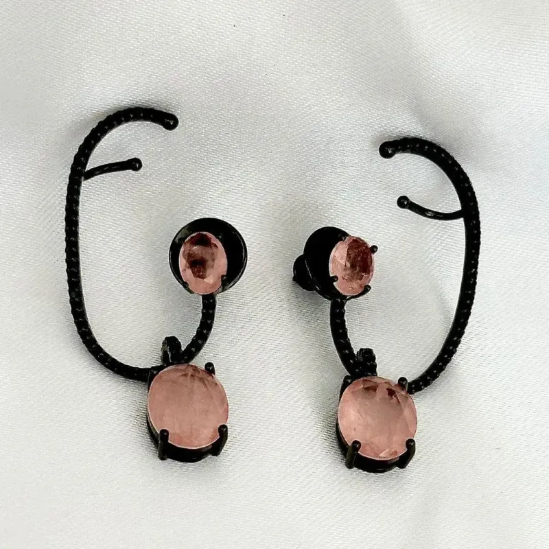 BRINCO EARCUFF - MORGANITA ROSA - CRAVEJADO ZIRCONIAS NEGRAS - BANHO RÓDIO NEGRO