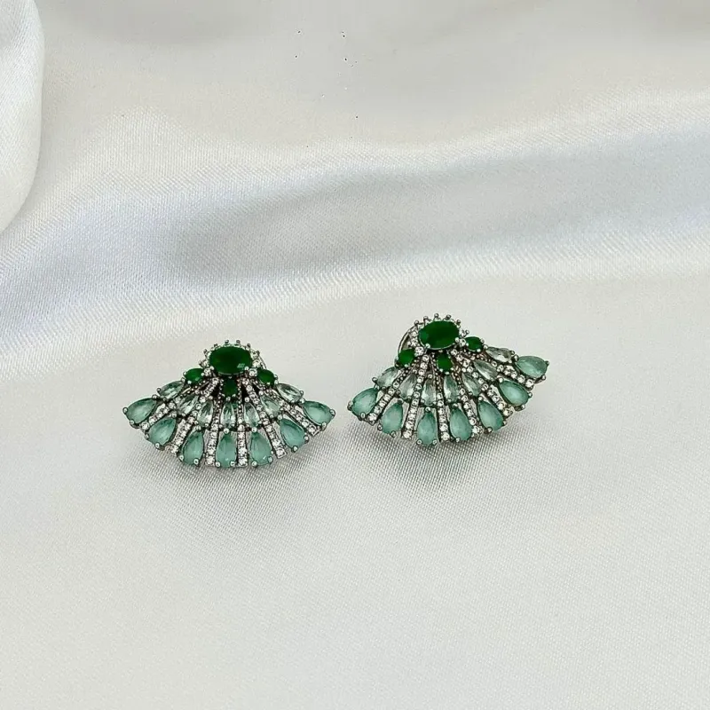 BRINCO LEQUE - ESMERALDA TURQUESA - ZIRCONIAS BRANCA - BANHO RODIO BRANCO