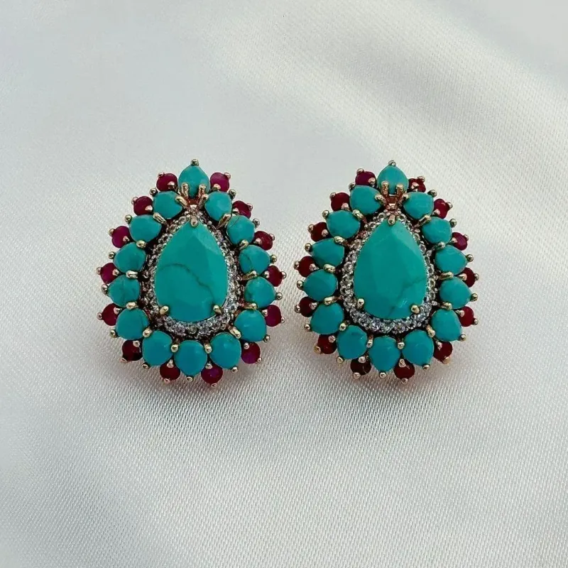 BRINCO GOTA NANO TURQUESA RUBY -  CRAVEJADO ZIRCONIAS - BANHO DE OURO 18K