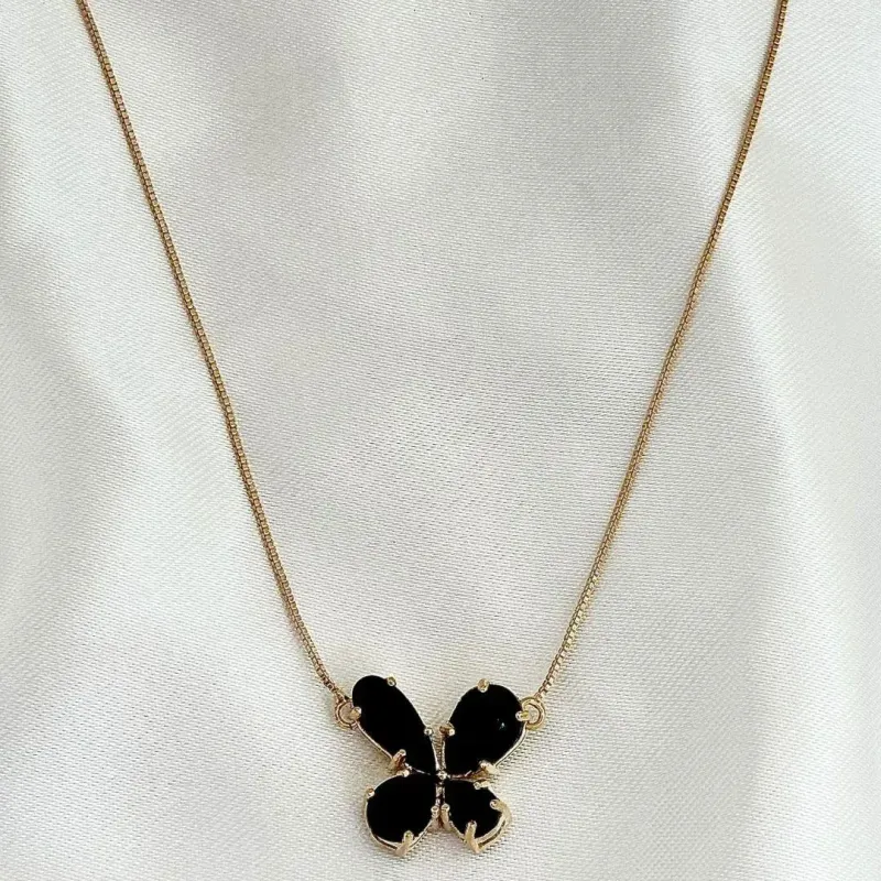 COLAR BORBOLETA - CRISTAL ONIX - BANHO OURO 18K