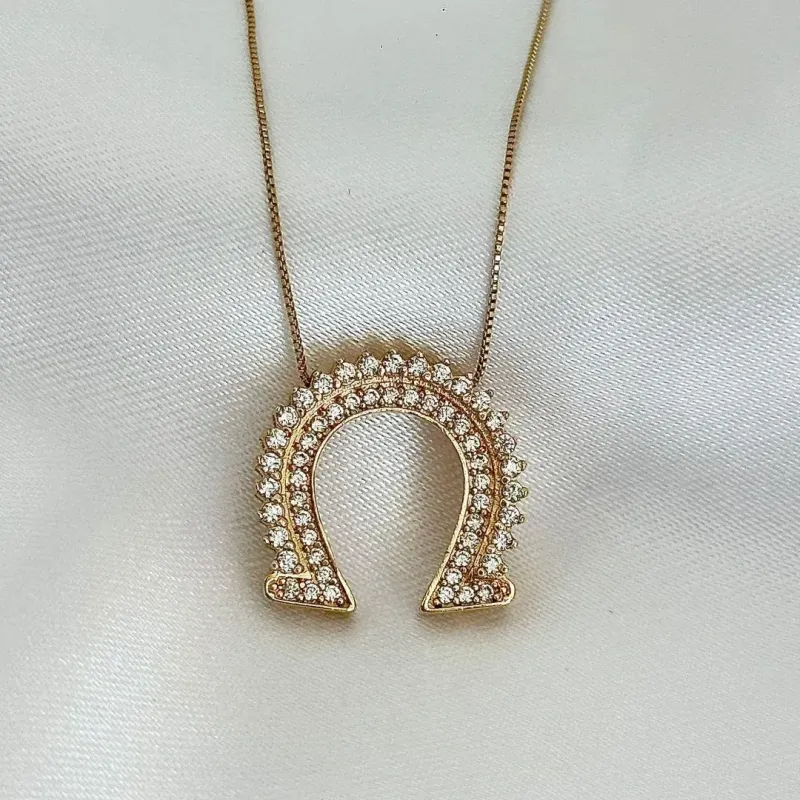 COLAR CRAVEJADO ZIRCONIAS BRANCAS -  FERRADURA - BANHO OURO 18K