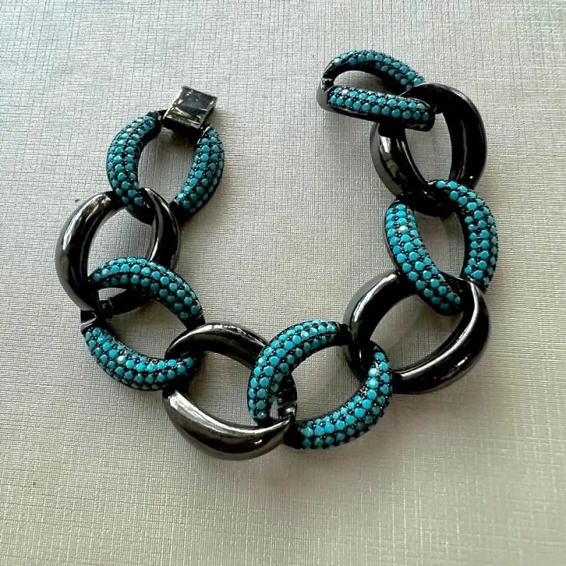 PULSEIRA ELOS NANO TURQUESA - BANHO RODIO NEGRO
