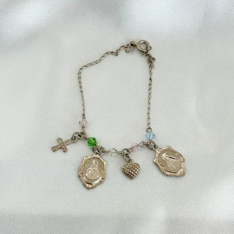 PULSEIRA COM MEDALHAS E PEDRINHAS COLORIDAS - PRATA 925