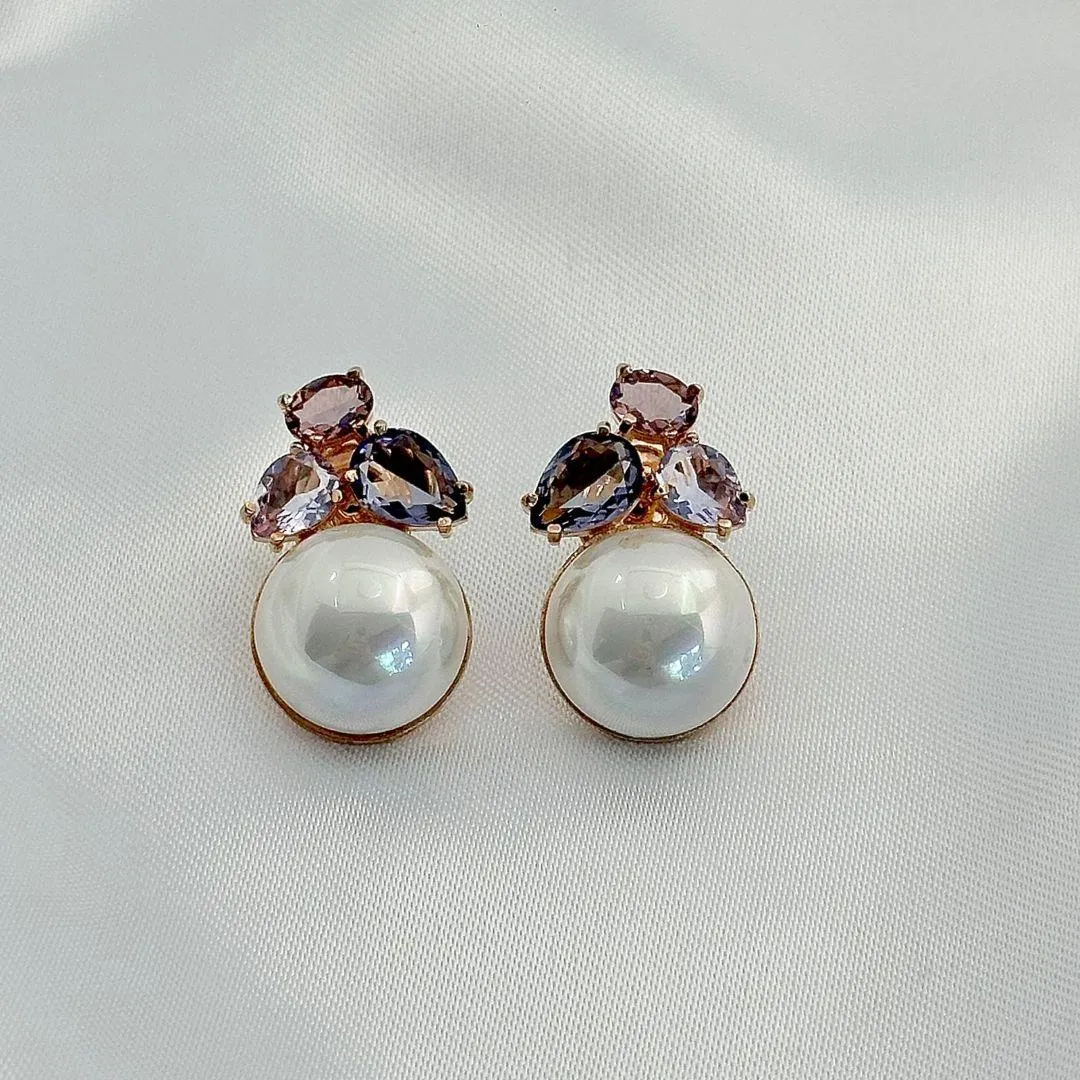 BRINCO PEROLA - CRISTAIS COLORIDO - BANHO DE OURO 18K