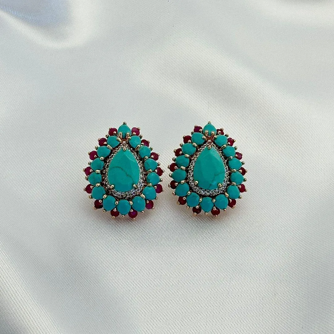 BRINCO GOTA NANO TURQUESA RUBY -  CRAVEJADO ZIRCONIAS - BANHO DE OURO 18K