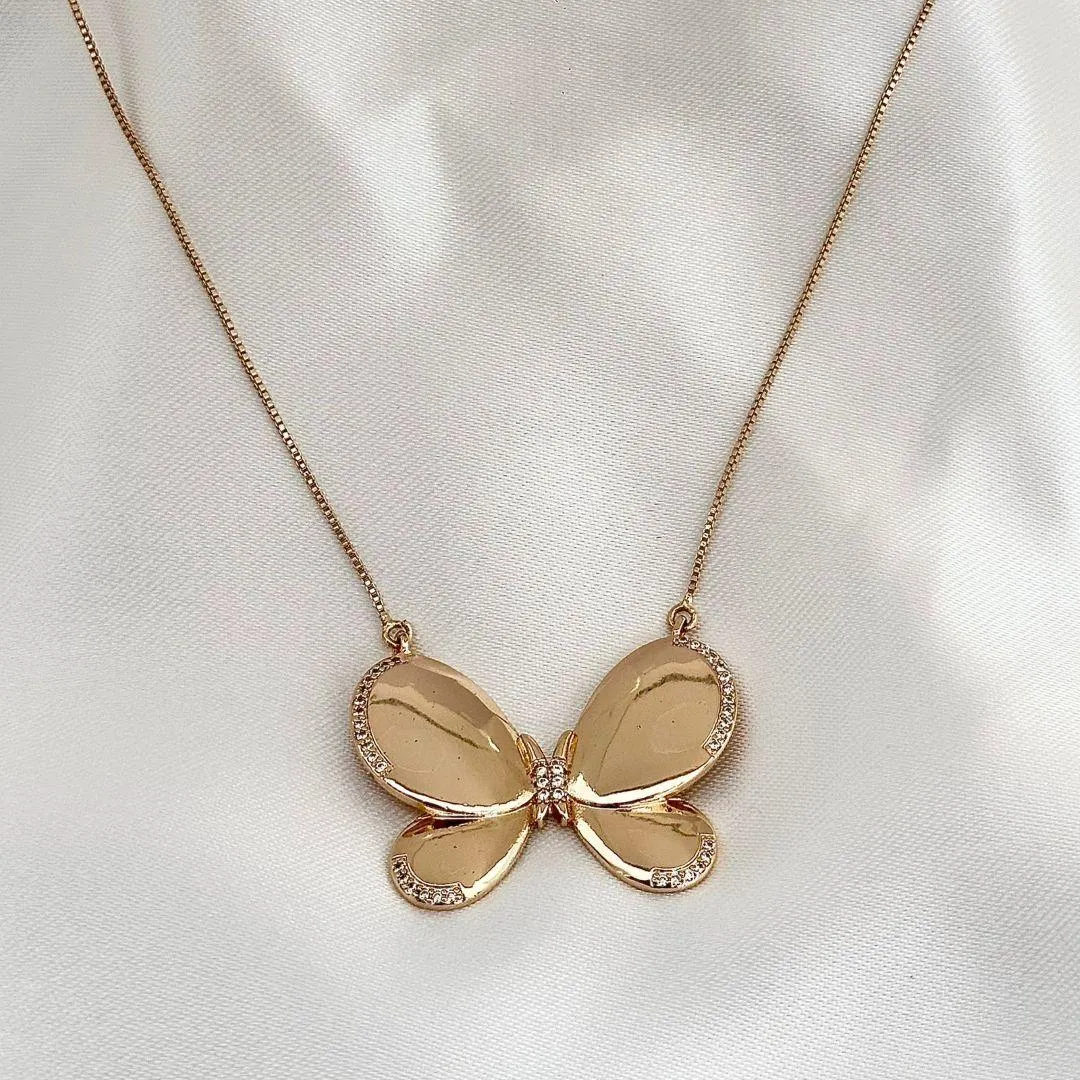 COLAR BORBOLETA - ZIRCONIAS BRANCAS - BANHO OURO 18K