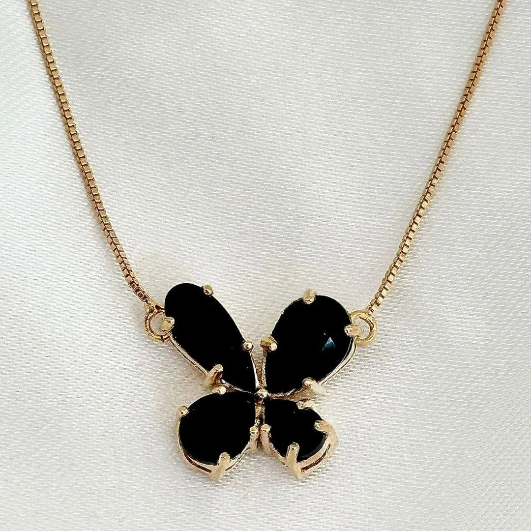 COLAR BORBOLETA - CRISTAL ONIX - BANHO OURO 18K