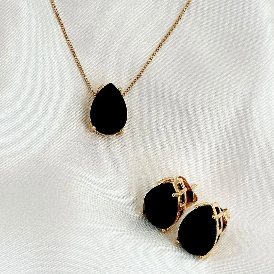 CONJUNTO GOTA ONIX - BANHO OURO 18K