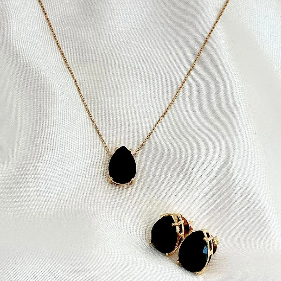 CONJUNTO GOTA ONIX - BANHO OURO 18K