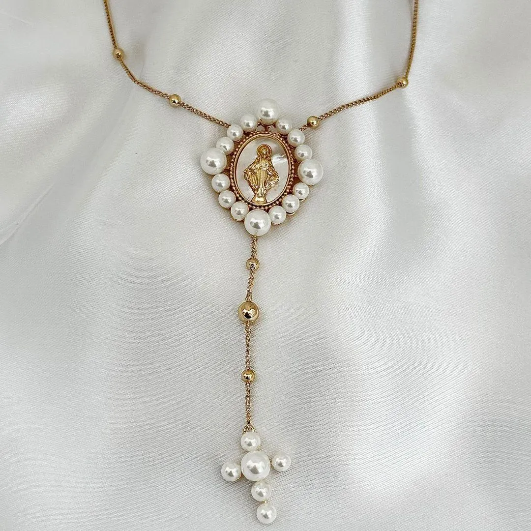 COLAR ESTILO TERÇO - PEROLA - BANHO OURO 18K