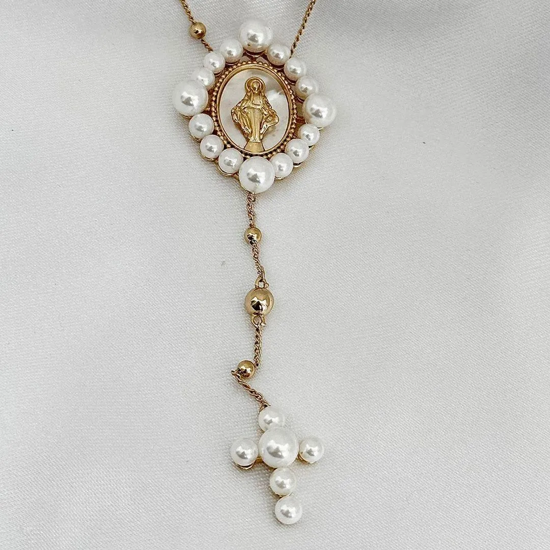 COLAR ESTILO TERÇO - PEROLA - BANHO OURO 18K