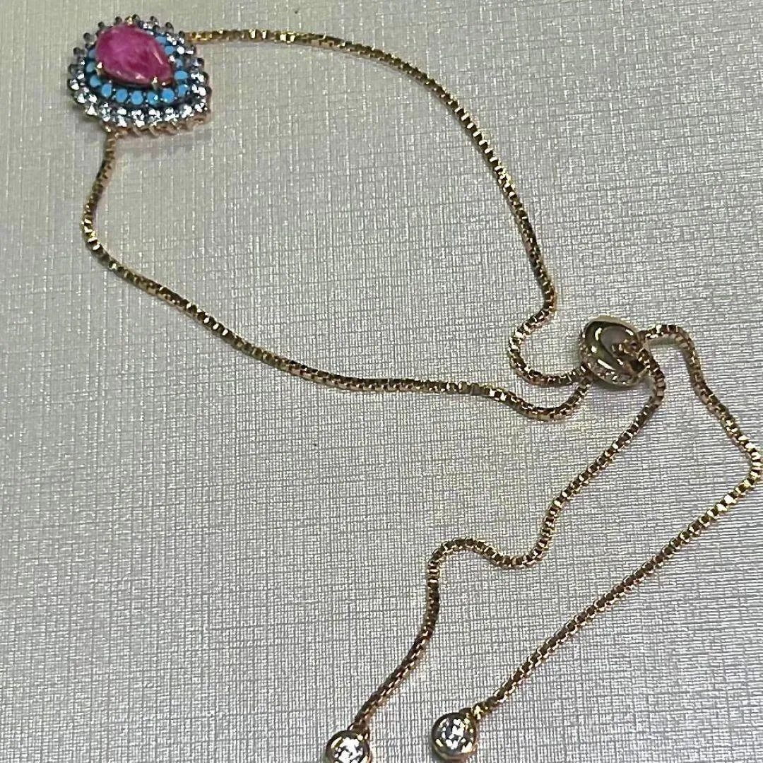 PULSEIRA REGULÁVEL - CRAVEJADA ZIRCONIAS - NANO TURQUESA - GOTA - BANHO OURO 18K