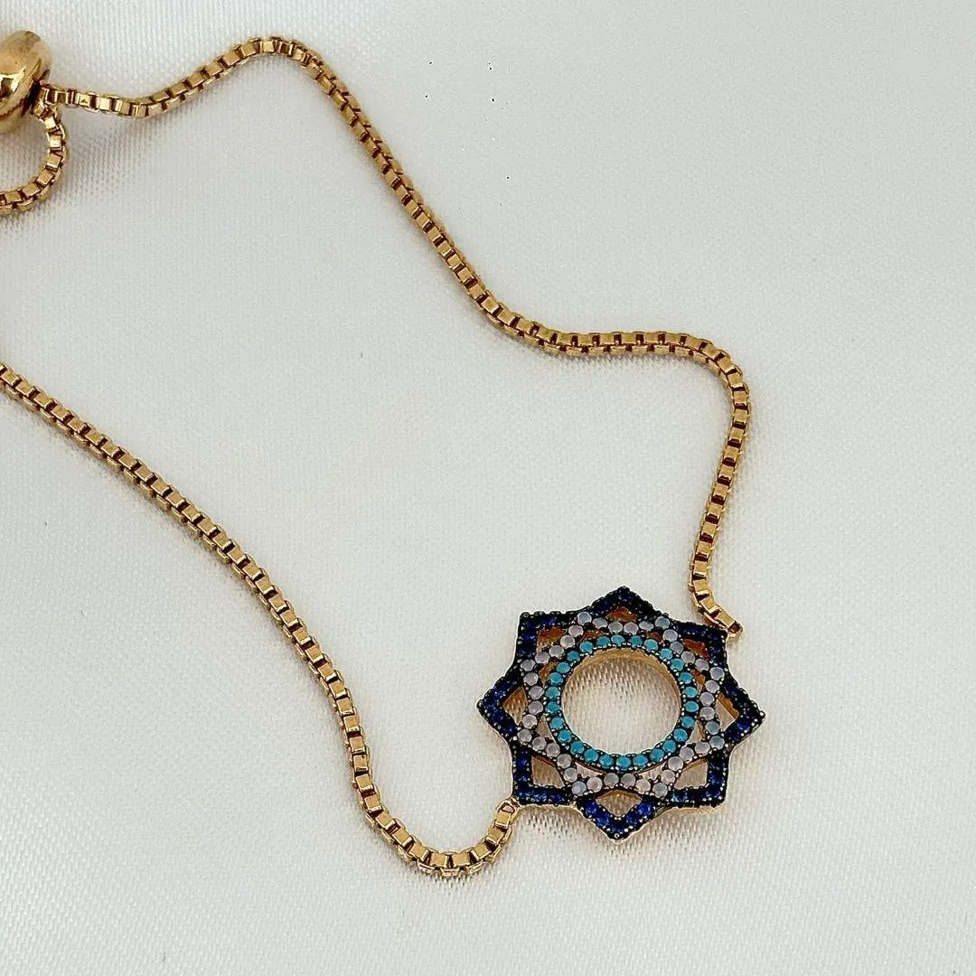 PULSEIRA REGULÁVEL - MANDALA  - CRAVEJADA ZIRCONIAS COLORIDAS - BANHO OURO 18K