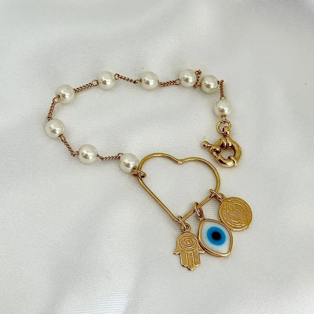 PULSEIRA PÉROLAS, CORAÇÃO, OLHO GREGO, MEDALHA SÃO BENTO - BANHO OURO 18K