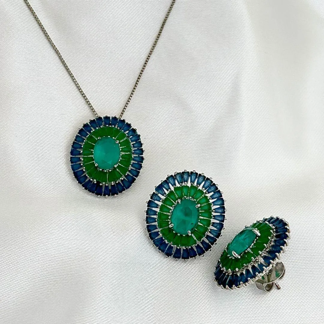 CONJUNTO MANDALA PEDRA AZUL E ESMERALDA - PRATA 925