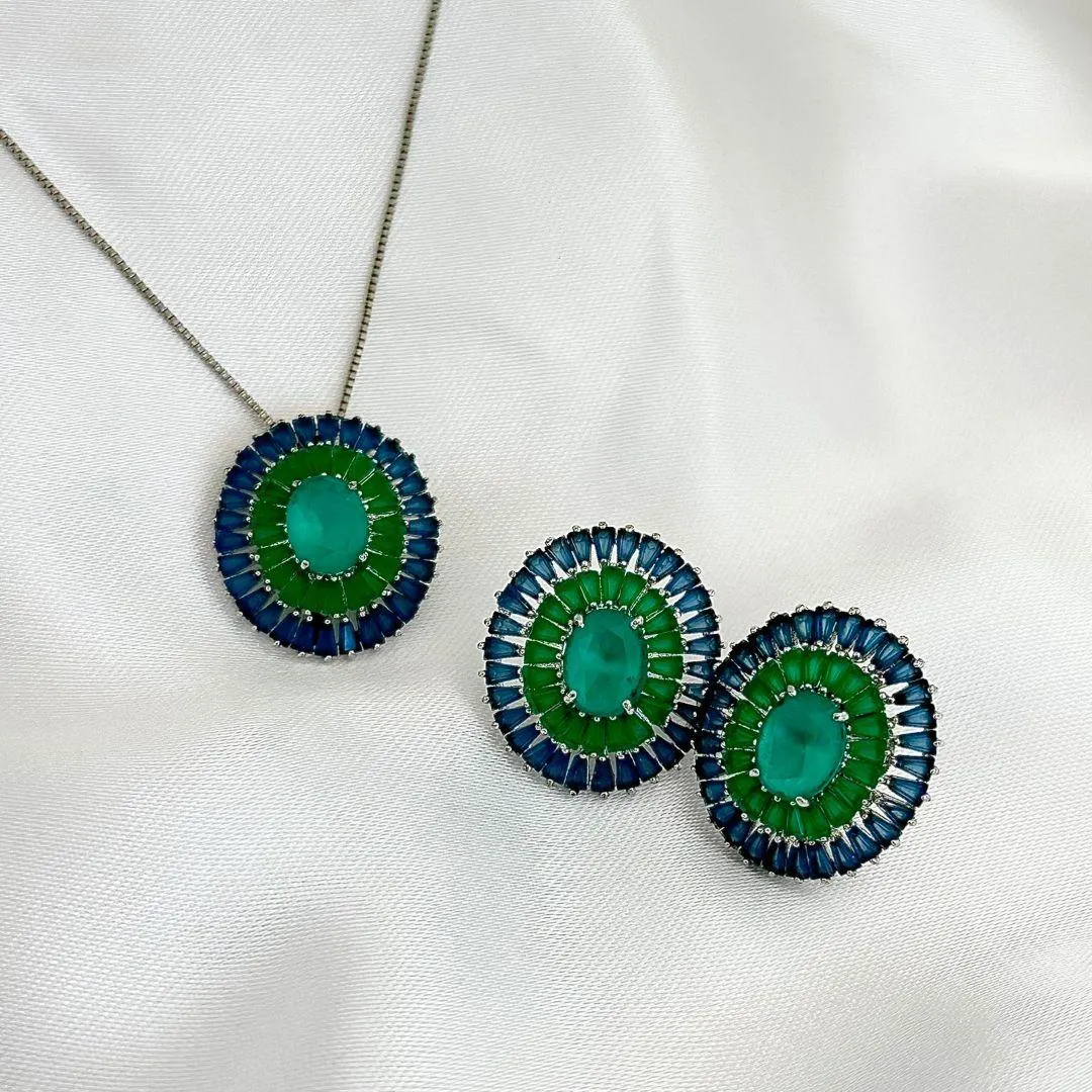 CONJUNTO MANDALA PEDRA AZUL E ESMERALDA - PRATA 925