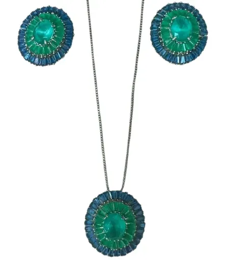 CONJUNTO MANDALA PEDRA AZUL E ESMERALDA - PRATA 925