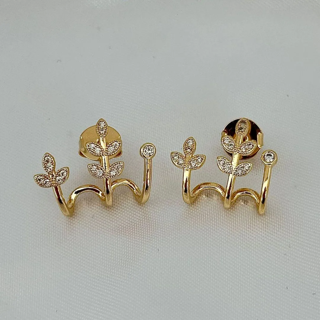 BRINCO FOLHAS - ZIRCONIA BRANCAS - BANHO OURO 18K
