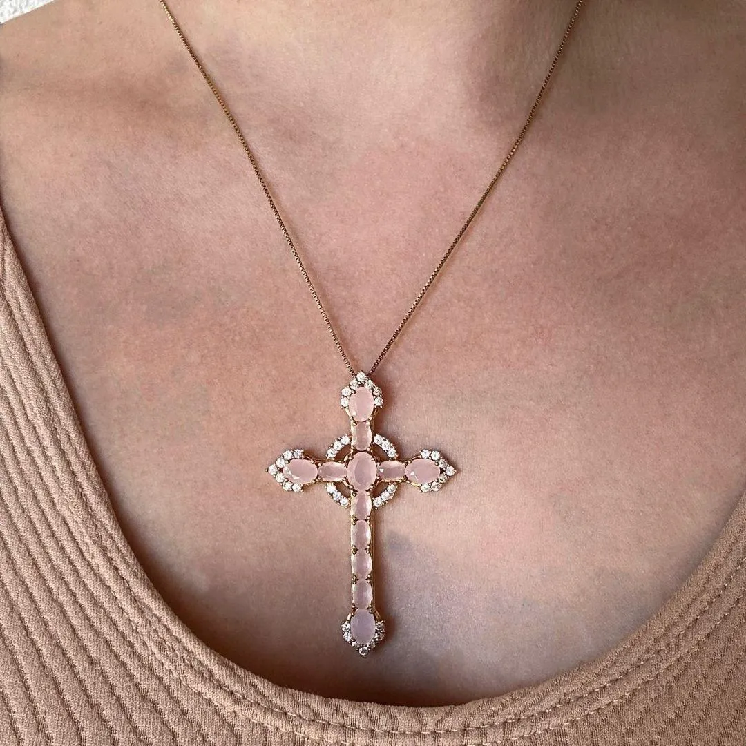 COLAR CRUZ - QUARTZO ROSA - BANHO OURO 18K