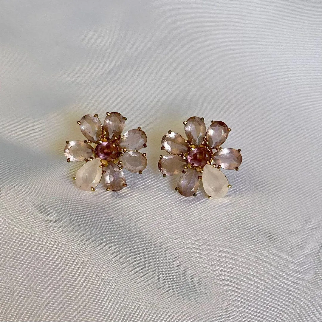 BRINCO FLOR - GOTAS QUARTZO ROSA - BANHO OURO 18K