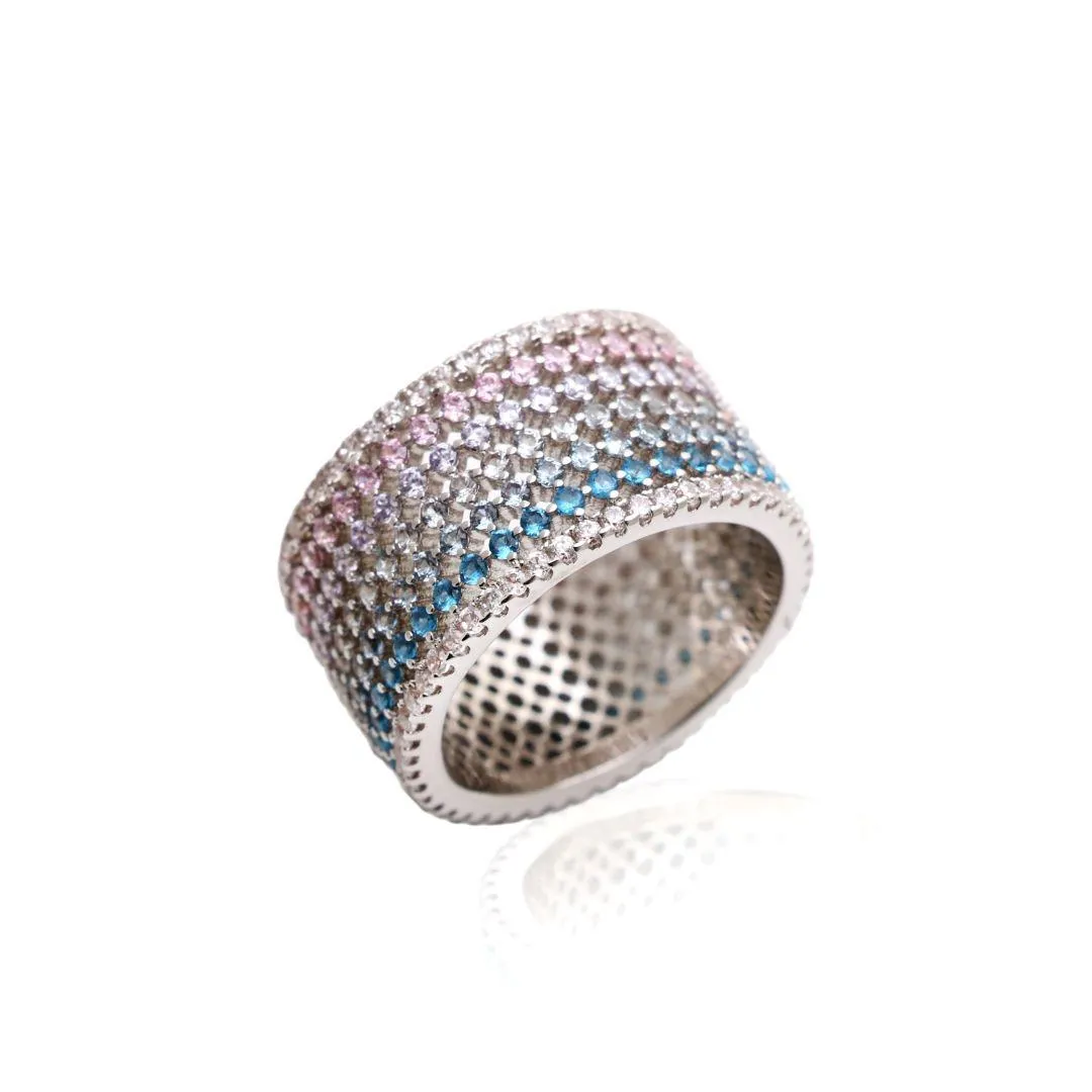 ANEL CRAVEJADO DE ZIRCONIAS COLORIDAS - BANHO RODIO BRANCO