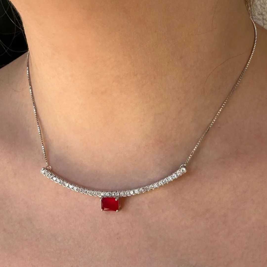 COLAR REGULÁVEL - CRISTAL RUBY COM ZIRCONIAS BRANCAS - BANHO RODIO BRANCO